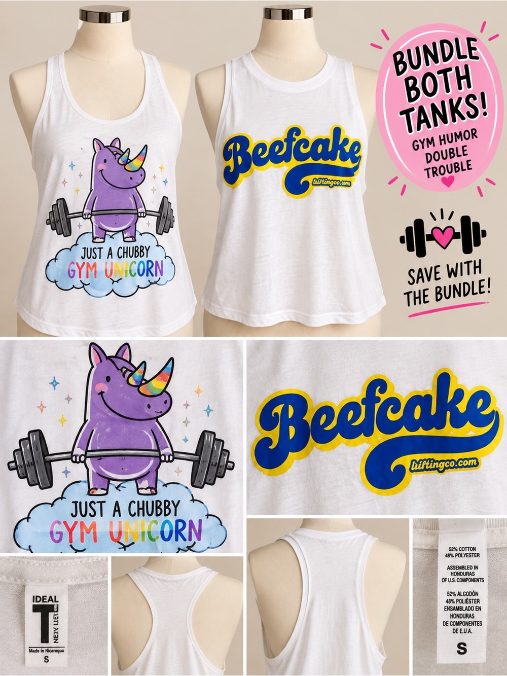 Gym Unicorn & Beefcake Kids Tank Top Duo - White